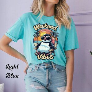 Gildan Womans T Shirt Weekend Vibes Blue Shirt Funny Penguin Top